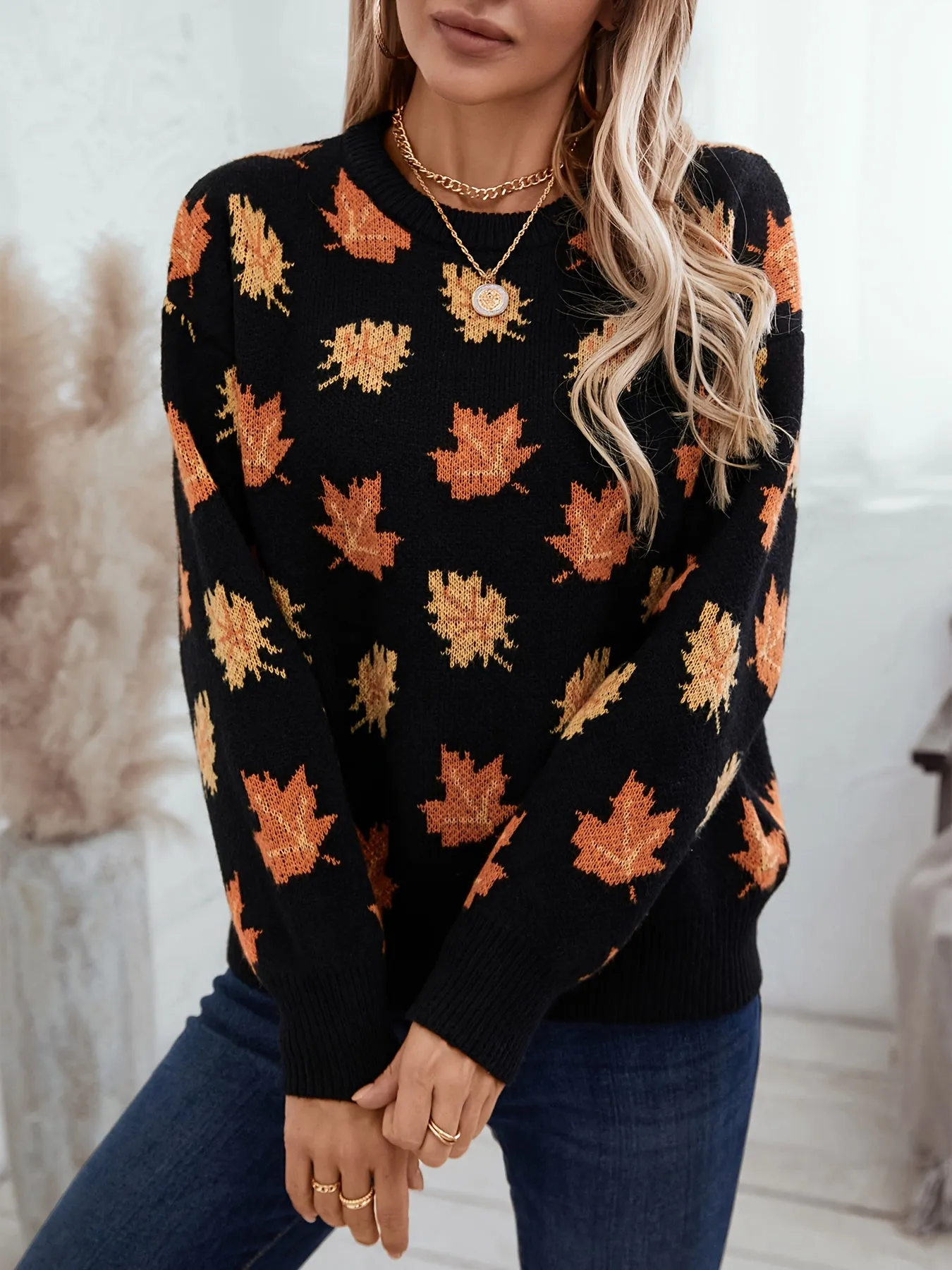 Cozy Autumn Maple Leaf Print Crew Neck Sweater - Soft 100% Polyester Casual Knit Pullover with Long Sleeves, Slight Stretch, Loose Fit, and Warmth for Fall/Winter Season - Perfect for Outdoor Activities and Casual Wear