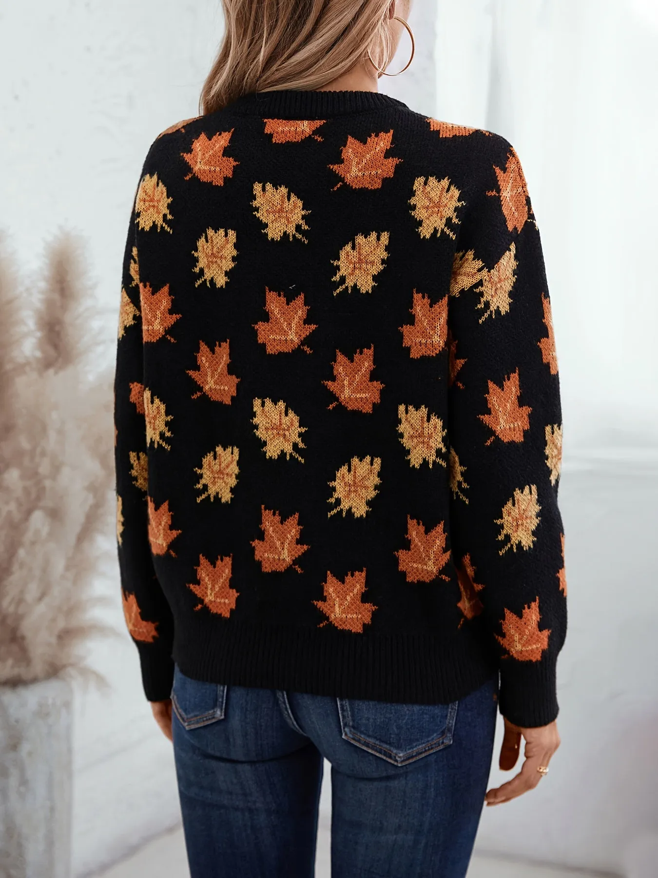 Cozy Autumn Maple Leaf Print Crew Neck Sweater - Soft 100% Polyester Casual Knit Pullover with Long Sleeves, Slight Stretch, Loose Fit, and Warmth for Fall/Winter Season - Perfect for Outdoor Activities and Casual Wear