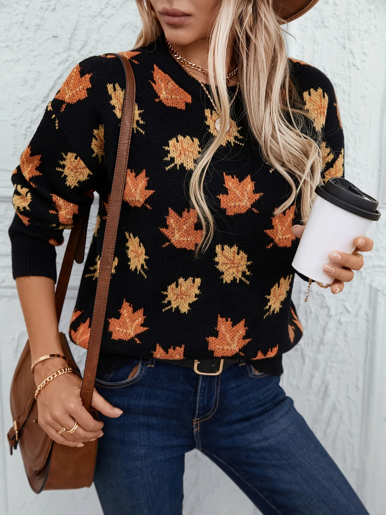 Cozy Autumn Maple Leaf Print Crew Neck Sweater - Soft 100% Polyester Casual Knit Pullover with Long Sleeves, Slight Stretch, Loose Fit, and Warmth for Fall/Winter Season - Perfect for Outdoor Activities and Casual Wear