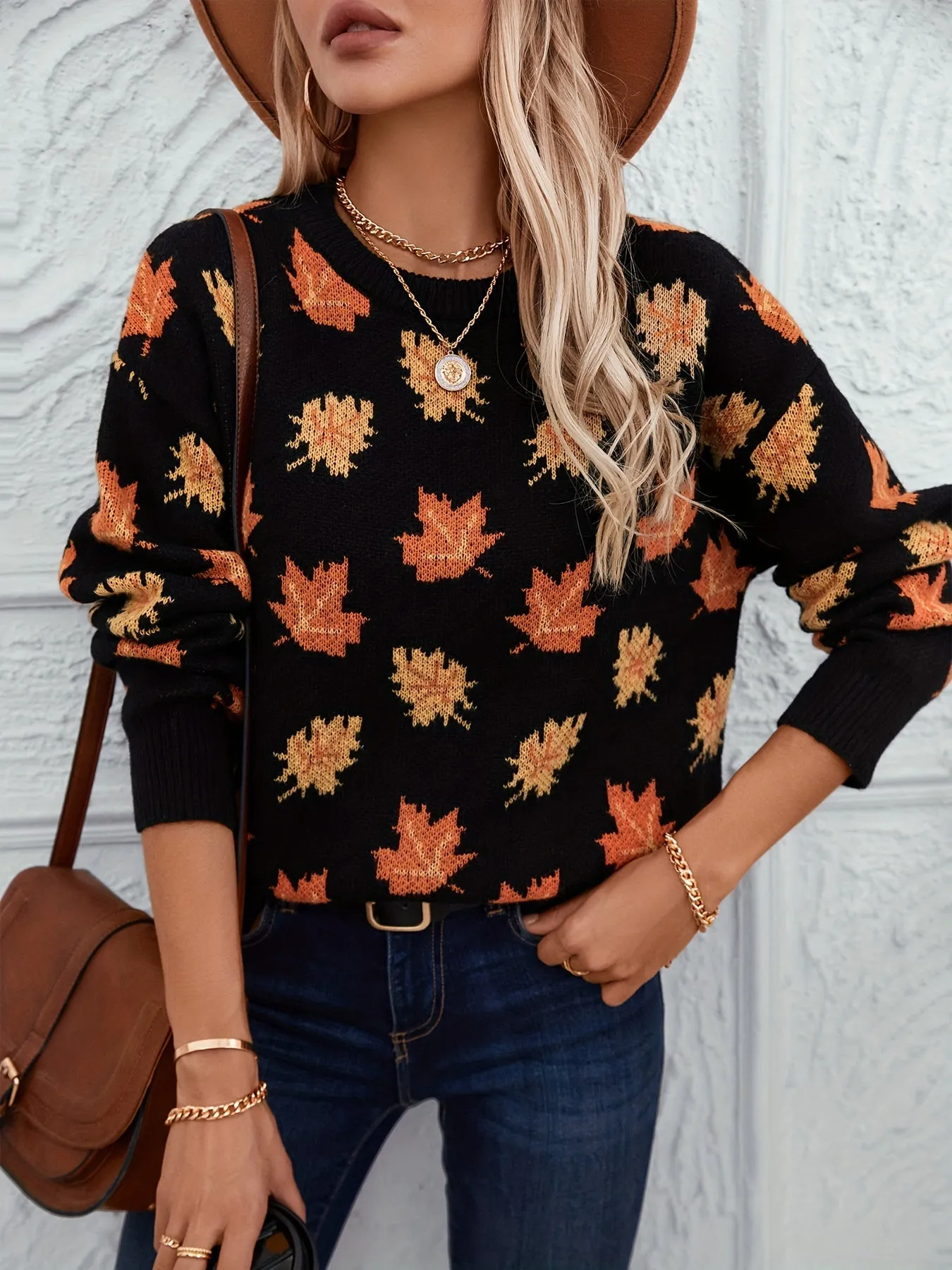 Cozy Autumn Maple Leaf Print Crew Neck Sweater - Soft 100% Polyester Casual Knit Pullover with Long Sleeves, Slight Stretch, Loose Fit, and Warmth for Fall/Winter Season - Perfect for Outdoor Activities and Casual Wear