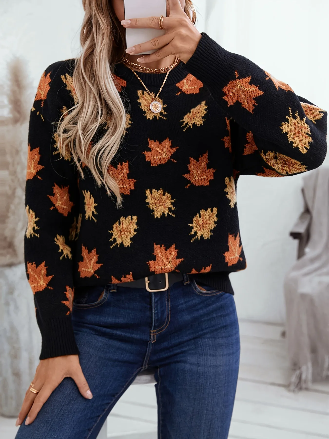 Cozy Autumn Maple Leaf Print Crew Neck Sweater - Soft 100% Polyester Casual Knit Pullover with Long Sleeves, Slight Stretch, Loose Fit, and Warmth for Fall/Winter Season - Perfect for Outdoor Activities and Casual Wear