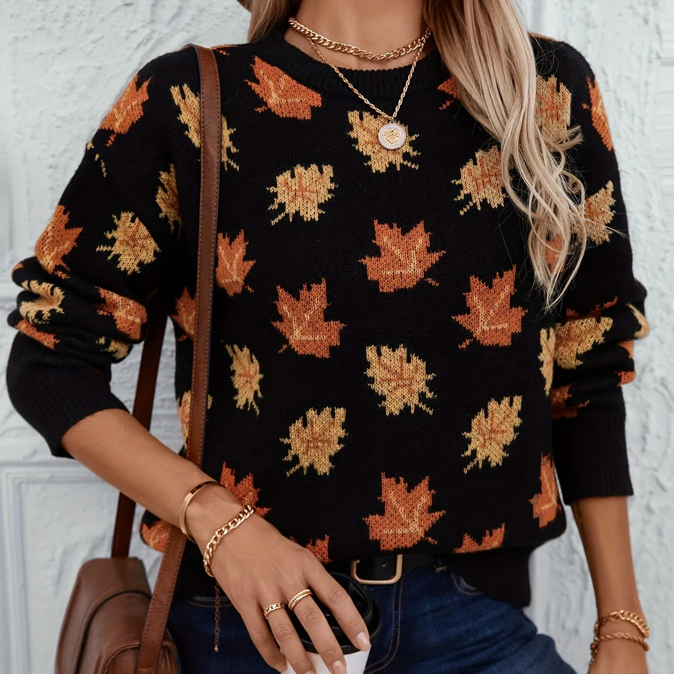 Cozy Autumn Maple Leaf Print Crew Neck Sweater - Soft 100% Polyester Casual Knit Pullover with Long Sleeves, Slight Stretch, Loose Fit, and Warmth for Fall/Winter Season - Perfect for Outdoor Activities and Casual Wear