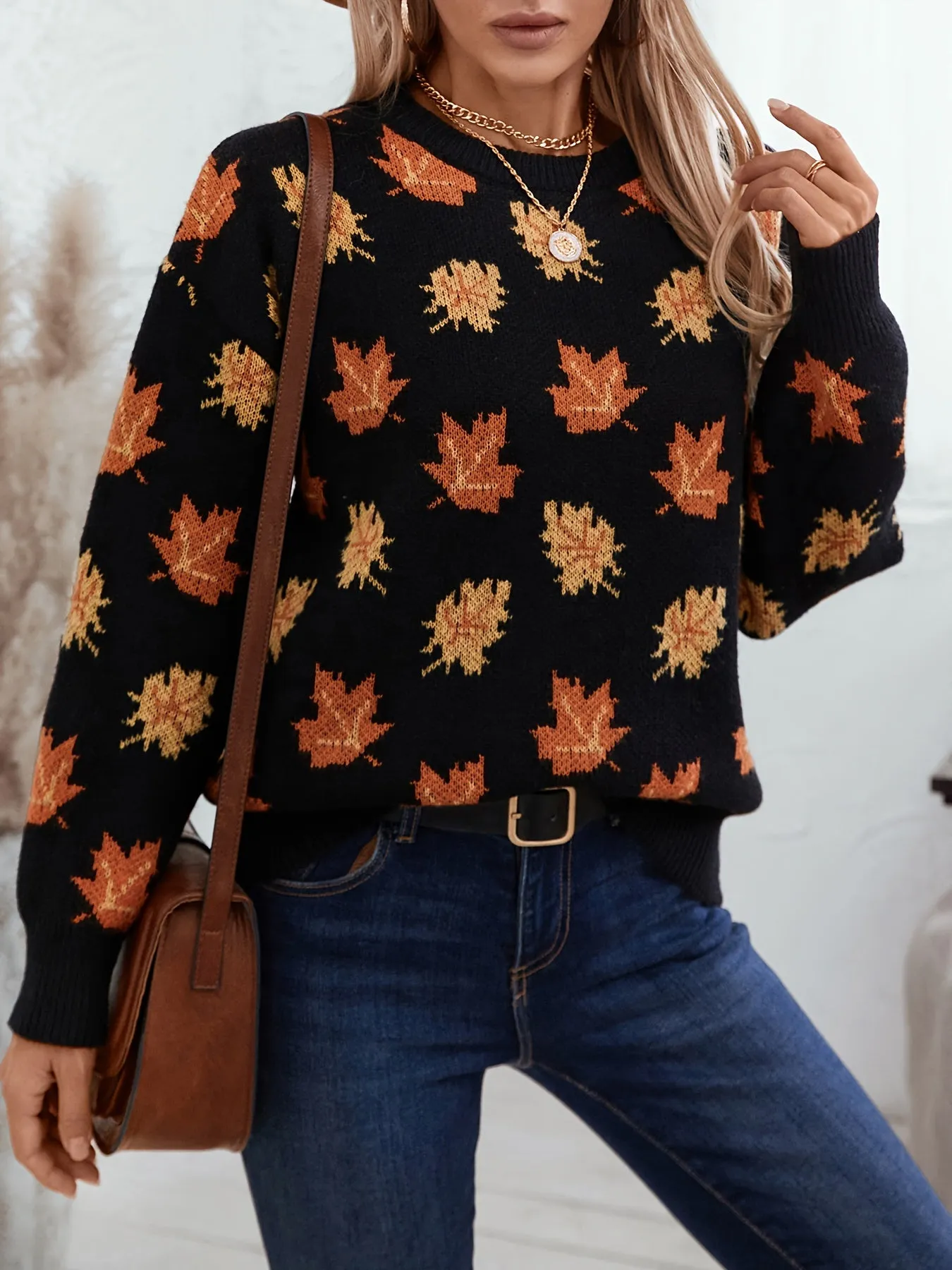 Cozy Autumn Maple Leaf Print Crew Neck Sweater - Soft 100% Polyester Casual Knit Pullover with Long Sleeves, Slight Stretch, Loose Fit, and Warmth for Fall/Winter Season - Perfect for Outdoor Activities and Casual Wear