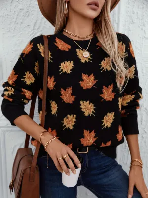Cozy Autumn Maple Leaf Print Crew Neck Sweater - Soft 100% Polyester Casual Knit Pullover with Long Sleeves, Slight Stretch, Loose Fit, and Warmth for Fall/Winter Season - Perfect for Outdoor Activities and Casual Wear