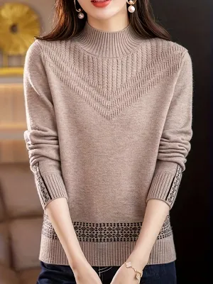 Cozy Hollow Out Mock Neck Sweater - Women's Pullovers - Soft Casual Plain Color Minimalist Knitwear for Fall & Winter, Comfortable Everyday Wear with Relaxed Fit