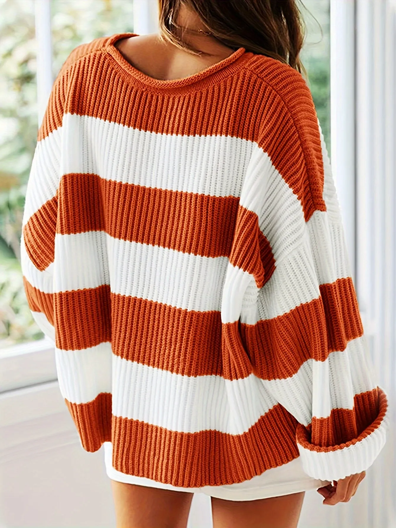 Cozy Striped Crew Neck Pullover Sweater - Soft, Casual, and Versatile Long Sleeve Drop Shoulder Rib-Knit Acrylic Top with Slight Stretch, Fashionable Loose Fit, and Easy Care for All Seasons