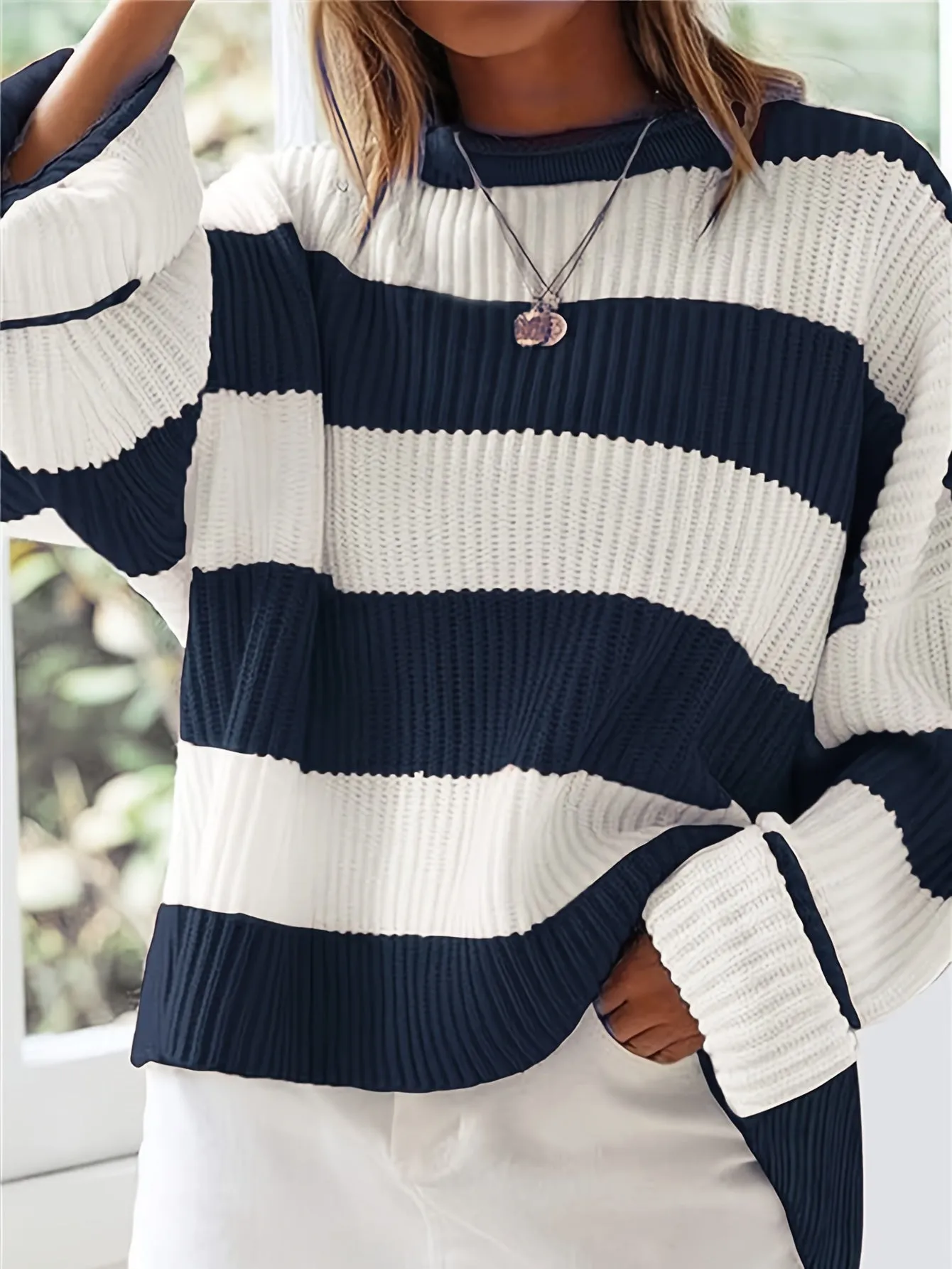 Cozy Striped Crew Neck Pullover Sweater - Soft, Casual, and Versatile Long Sleeve Drop Shoulder Rib-Knit Acrylic Top with Slight Stretch, Fashionable Loose Fit, and Easy Care for All Seasons