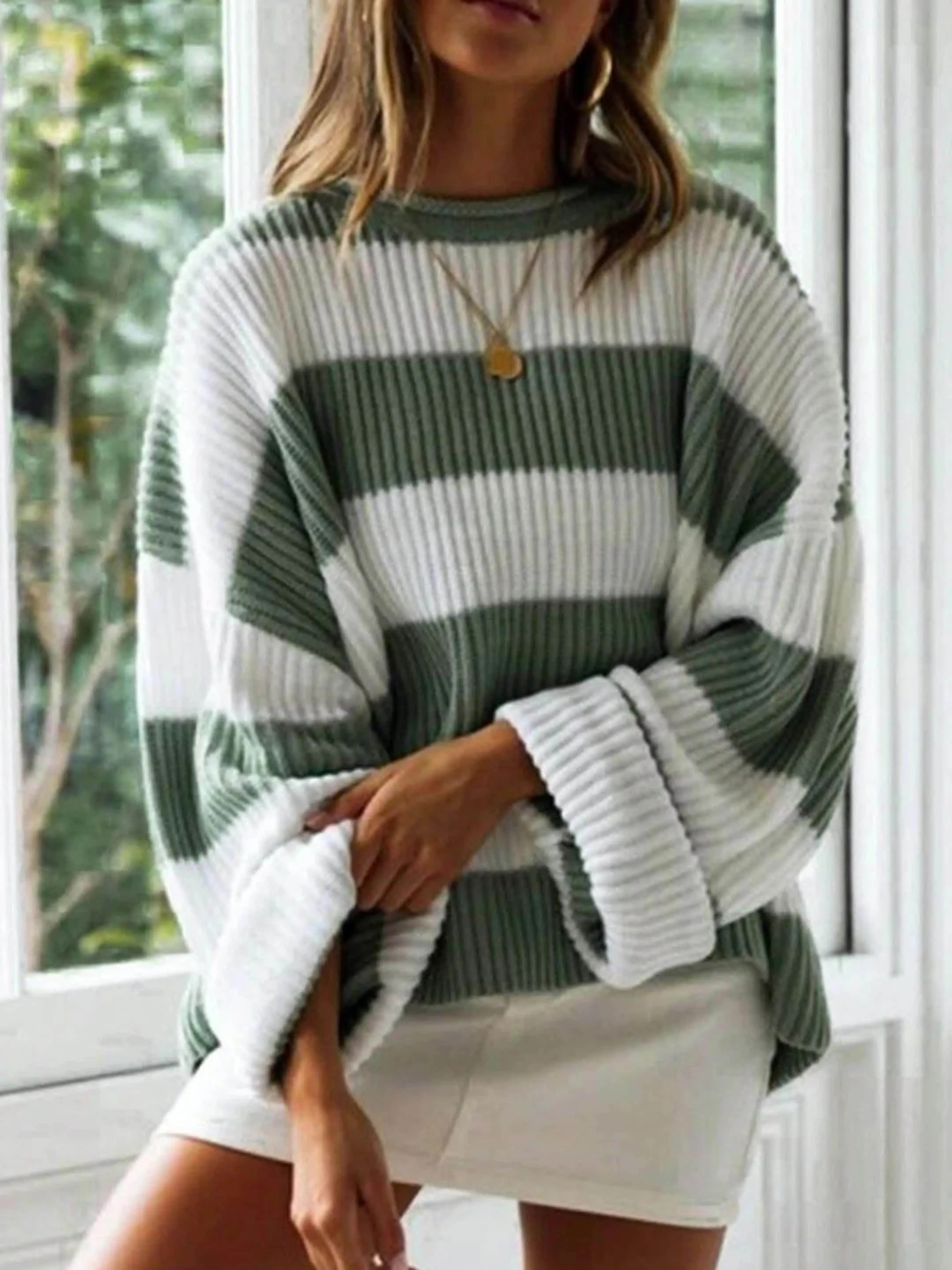 Cozy Striped Crew Neck Pullover Sweater - Soft, Casual, and Versatile Long Sleeve Drop Shoulder Rib-Knit Acrylic Top with Slight Stretch, Fashionable Loose Fit, and Easy Care for All Seasons