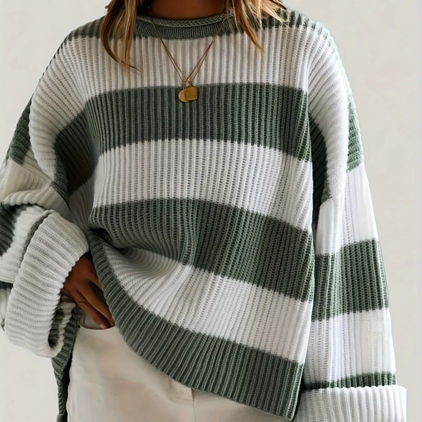 Cozy Striped Crew Neck Pullover Sweater - Soft, Casual, and Versatile Long Sleeve Drop Shoulder Rib-Knit Acrylic Top with Slight Stretch, Fashionable Loose Fit, and Easy Care for All Seasons