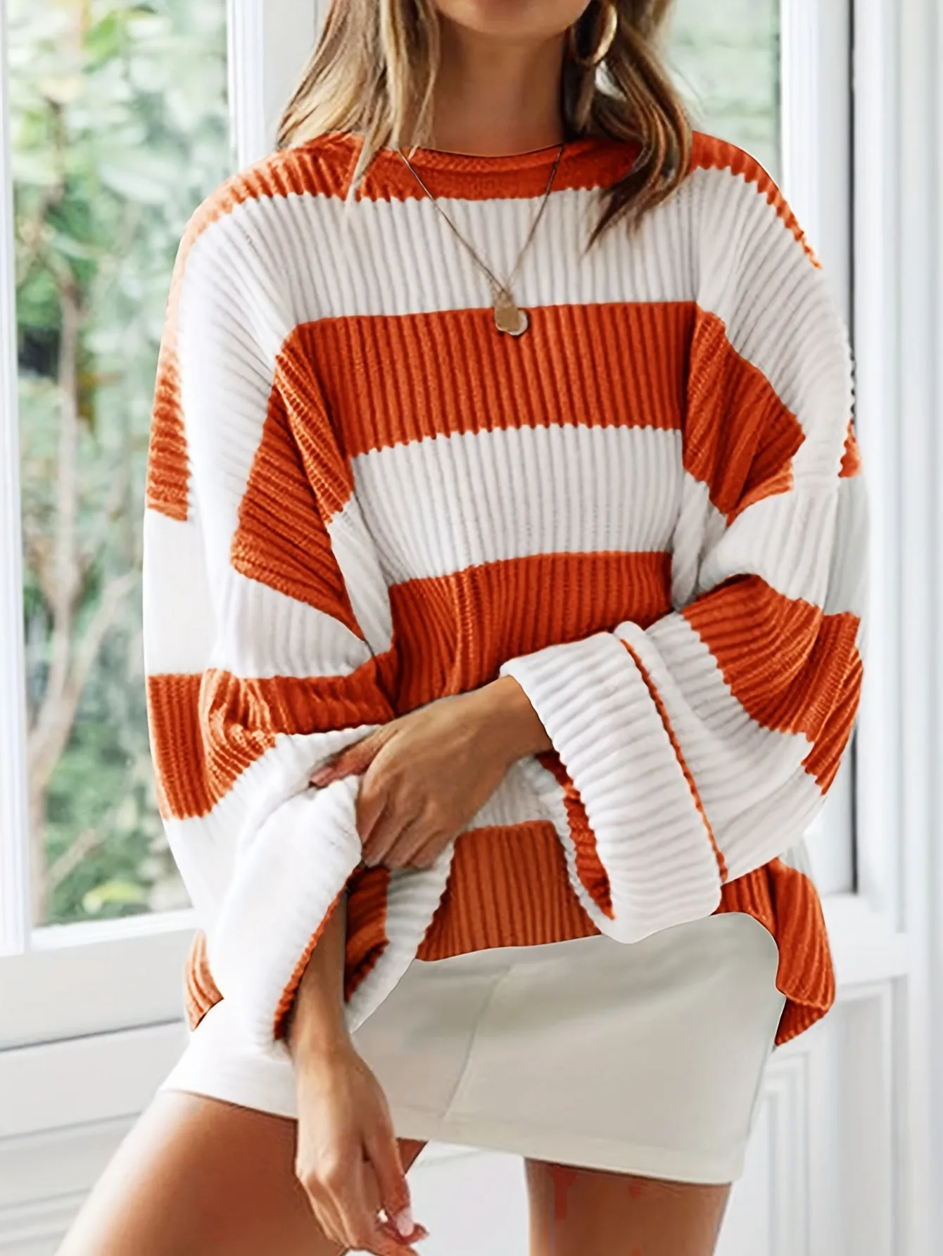 Cozy Striped Crew Neck Pullover Sweater - Soft, Casual, and Versatile Long Sleeve Drop Shoulder Rib-Knit Acrylic Top with Slight Stretch, Fashionable Loose Fit, and Easy Care for All Seasons