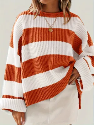 Cozy Striped Crew Neck Pullover Sweater - Soft, Casual, and Versatile Long Sleeve Drop Shoulder Rib-Knit Acrylic Top with Slight Stretch, Fashionable Loose Fit, and Easy Care for All Seasons