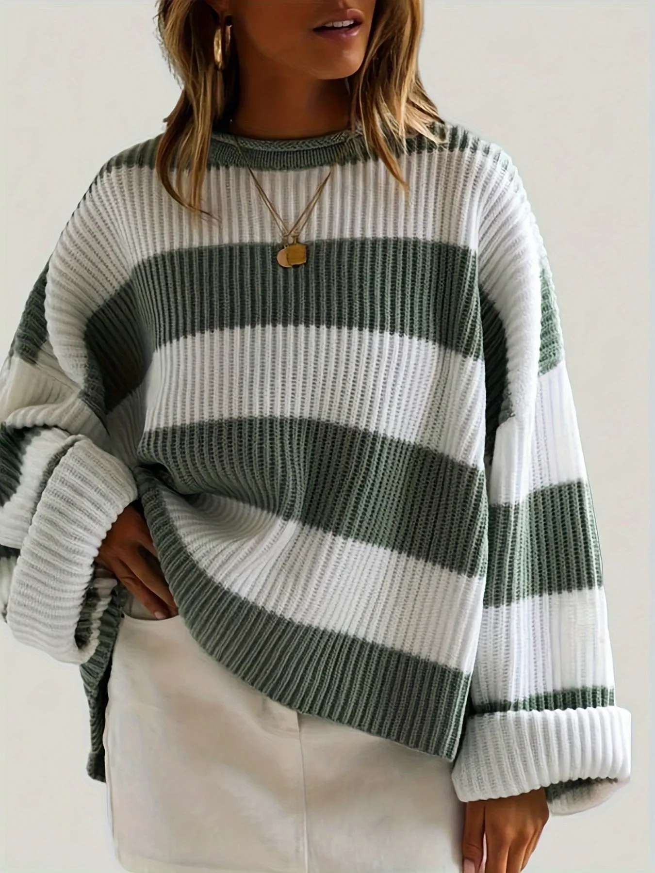 Cozy Striped Crew Neck Pullover Sweater - Soft, Casual, and Versatile Long Sleeve Drop Shoulder Rib-Knit Acrylic Top with Slight Stretch, Fashionable Loose Fit, and Easy Care for All Seasons