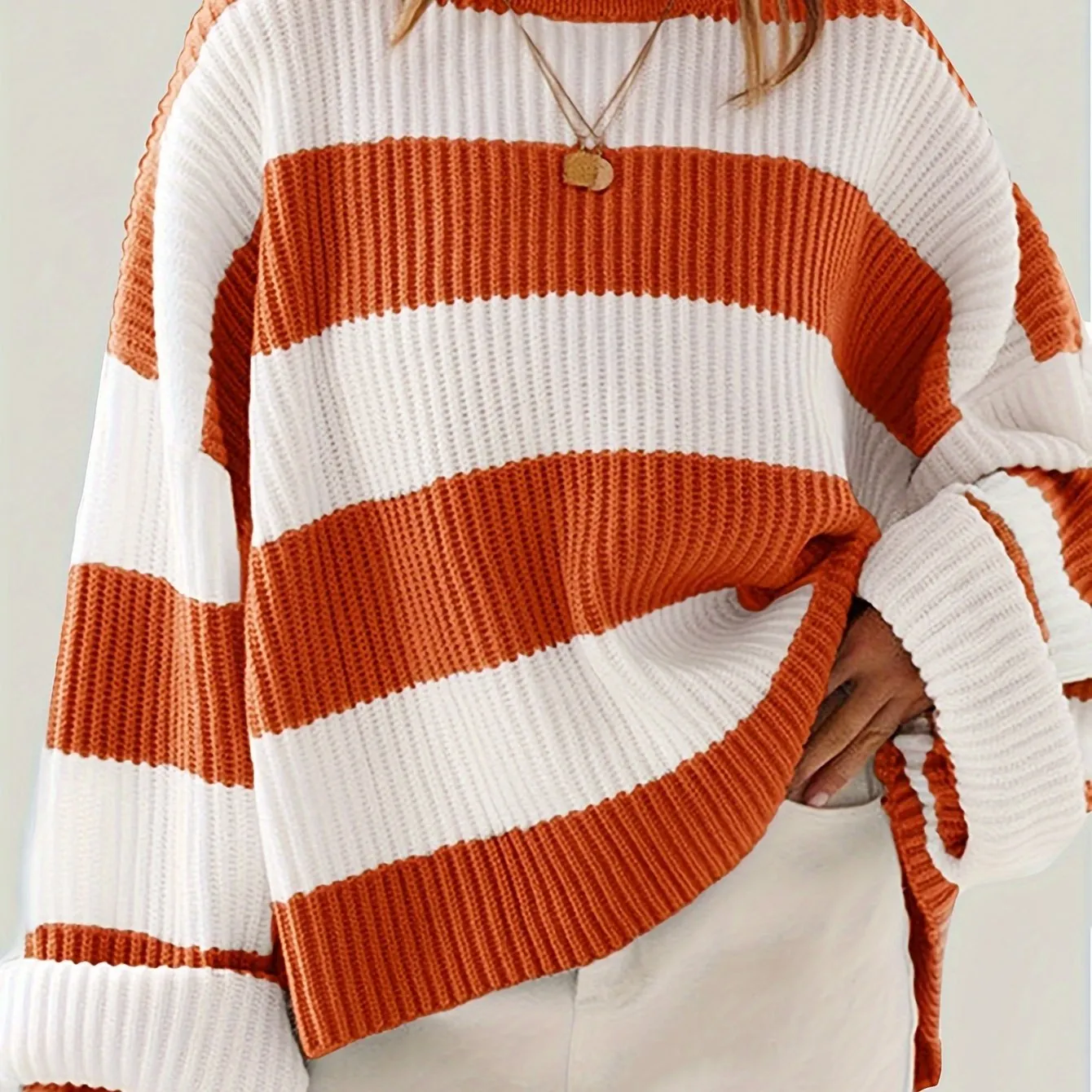 Cozy Striped Crew Neck Pullover Sweater - Soft, Casual, and Versatile Long Sleeve Drop Shoulder Rib-Knit Acrylic Top with Slight Stretch, Fashionable Loose Fit, and Easy Care for All Seasons