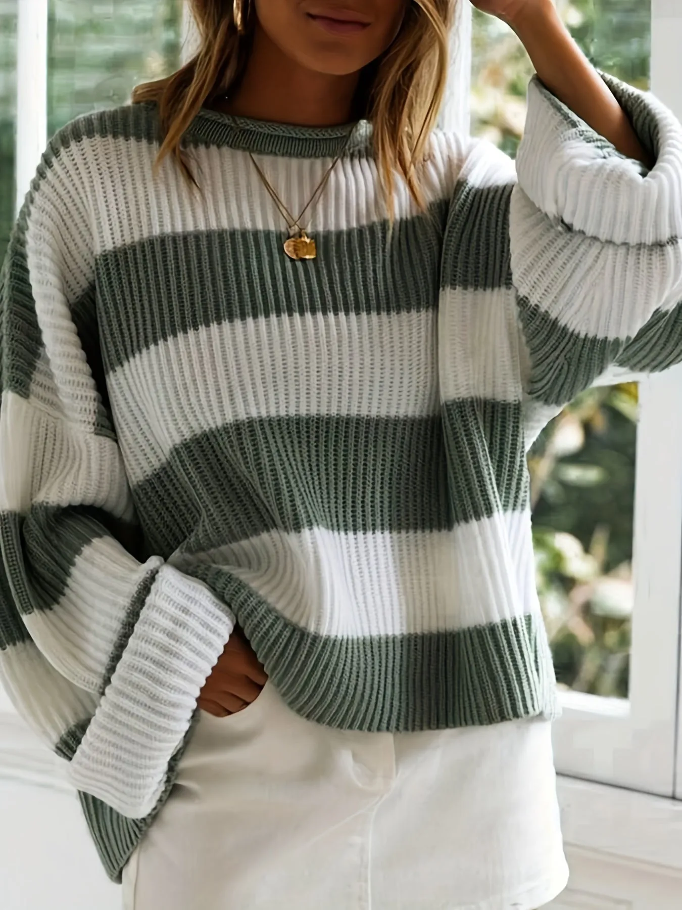 Cozy Striped Crew Neck Pullover Sweater - Soft, Casual, and Versatile Long Sleeve Drop Shoulder Rib-Knit Acrylic Top with Slight Stretch, Fashionable Loose Fit, and Easy Care for All Seasons