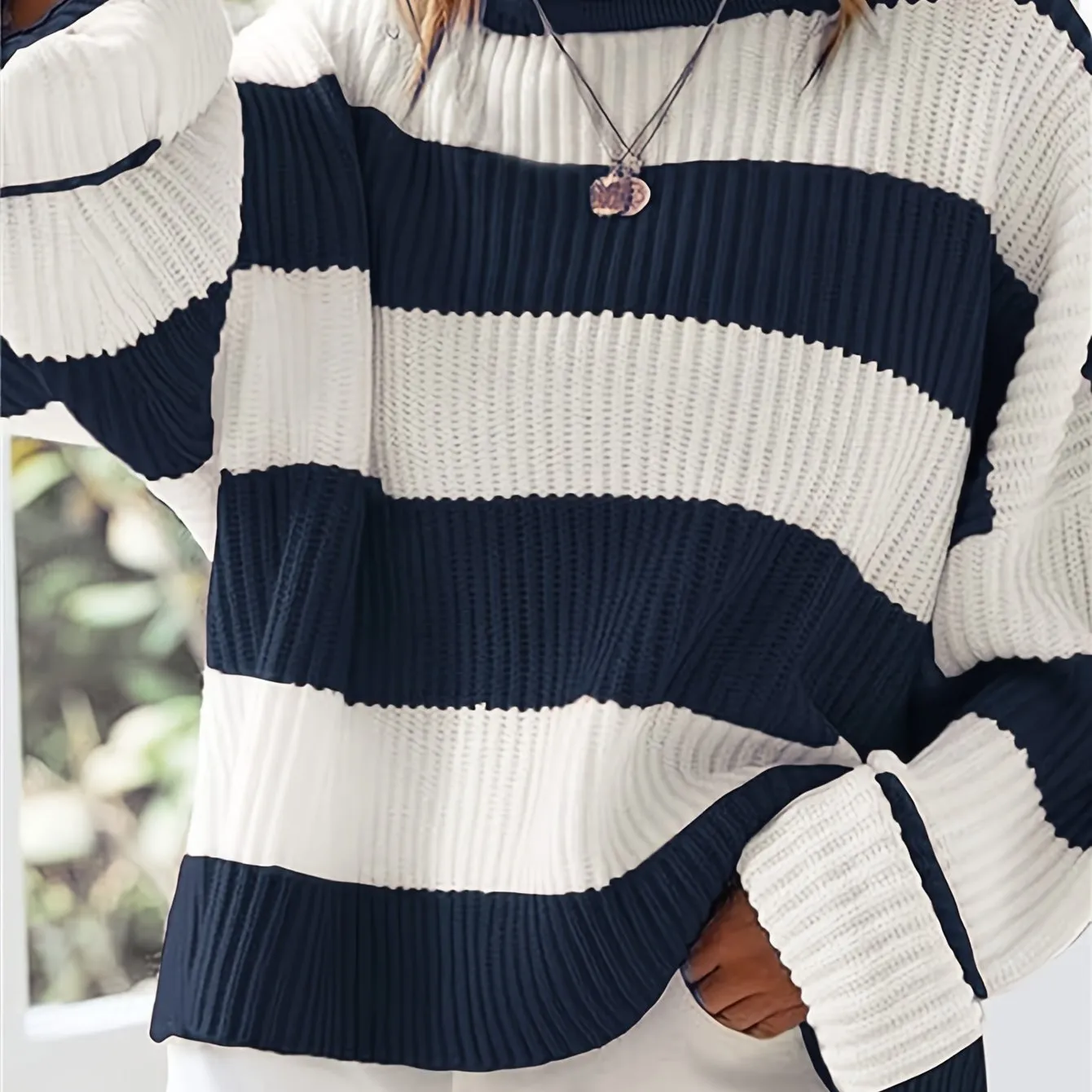 Cozy Striped Crew Neck Pullover Sweater - Soft, Casual, and Versatile Long Sleeve Drop Shoulder Rib-Knit Acrylic Top with Slight Stretch, Fashionable Loose Fit, and Easy Care for All Seasons