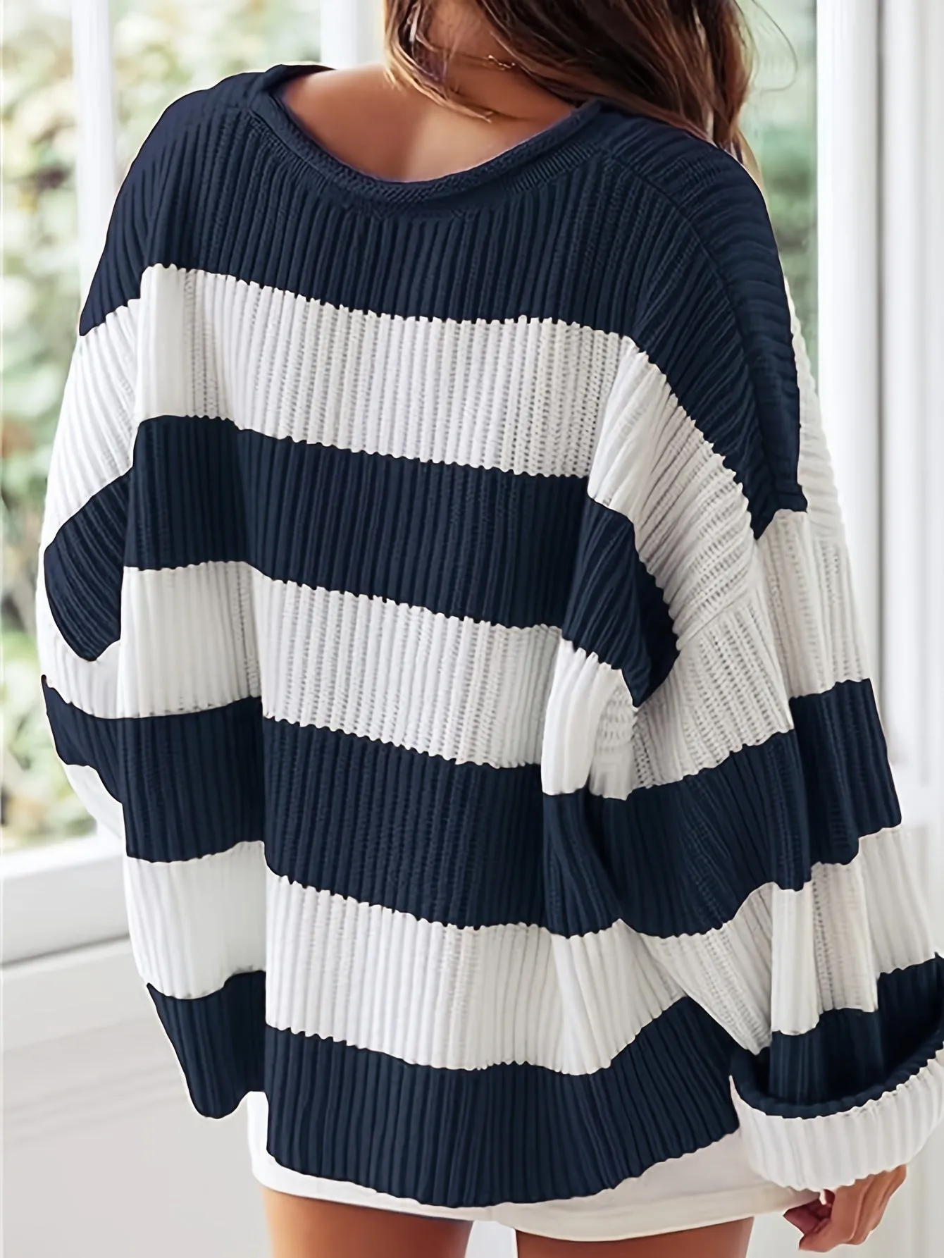 Cozy Striped Crew Neck Pullover Sweater - Soft, Casual, and Versatile Long Sleeve Drop Shoulder Rib-Knit Acrylic Top with Slight Stretch, Fashionable Loose Fit, and Easy Care for All Seasons