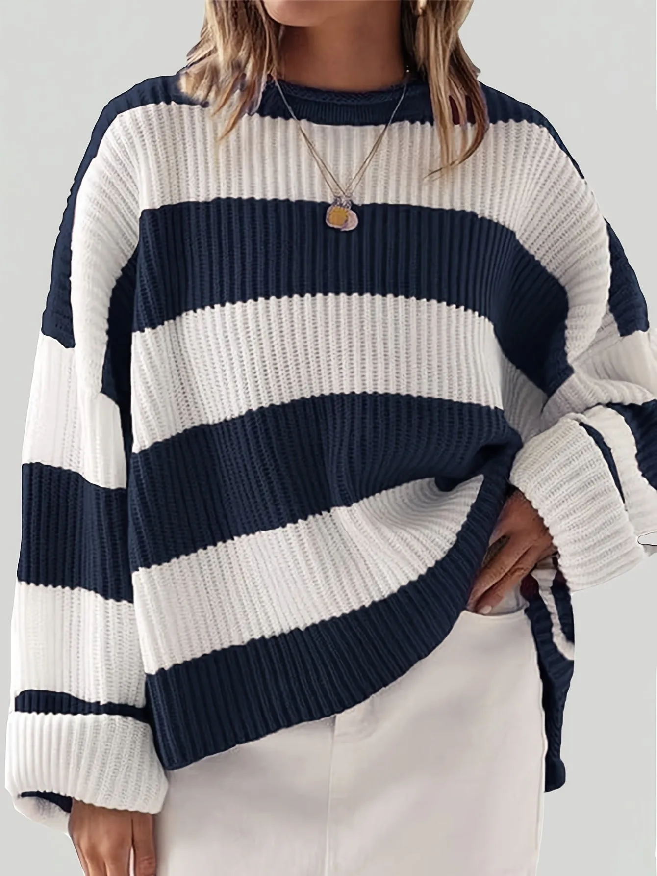 Cozy Striped Crew Neck Pullover Sweater - Soft, Casual, and Versatile Long Sleeve Drop Shoulder Rib-Knit Acrylic Top with Slight Stretch, Fashionable Loose Fit, and Easy Care for All Seasons
