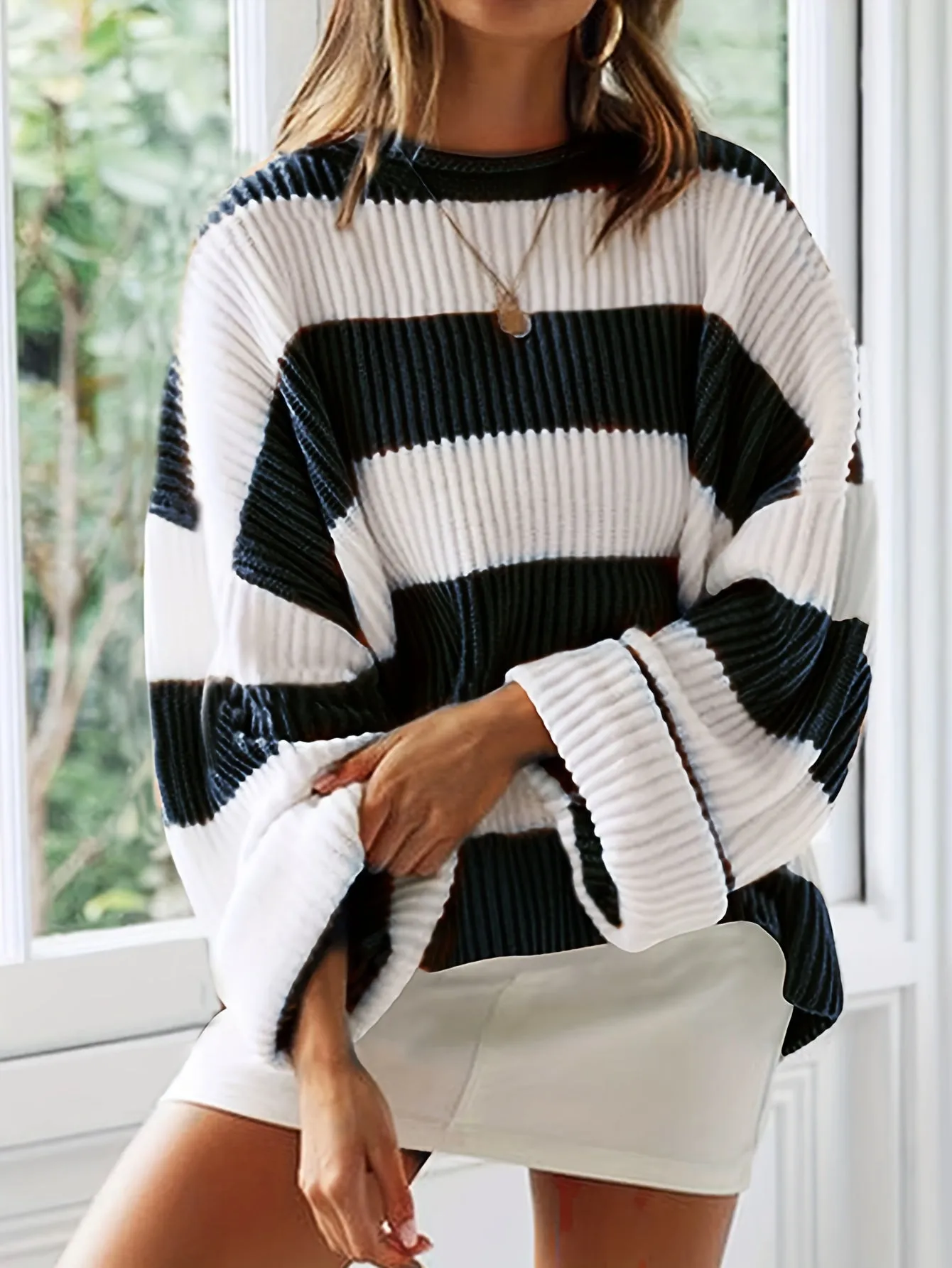 Cozy Striped Crew Neck Pullover Sweater - Soft, Casual, and Versatile Long Sleeve Drop Shoulder Rib-Knit Acrylic Top with Slight Stretch, Fashionable Loose Fit, and Easy Care for All Seasons