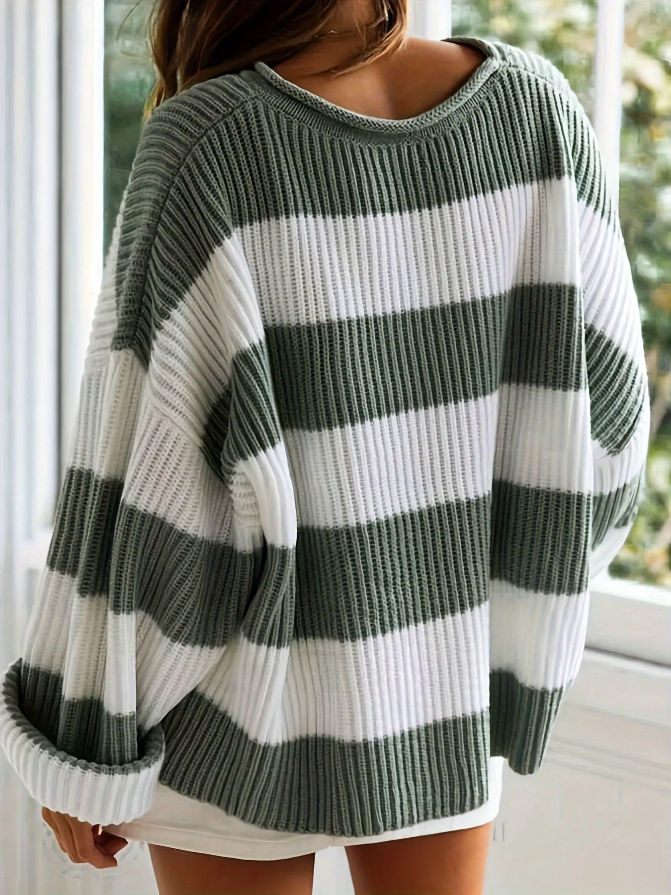 Cozy Striped Crew Neck Pullover Sweater - Soft, Casual, and Versatile Long Sleeve Drop Shoulder Rib-Knit Acrylic Top with Slight Stretch, Fashionable Loose Fit, and Easy Care for All Seasons
