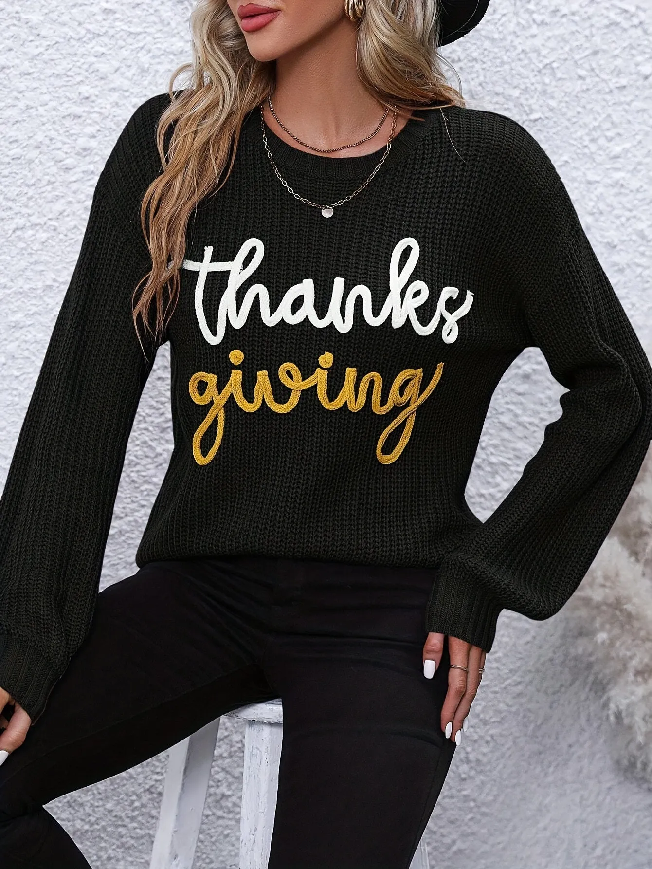 Elegant Fall/Winter Knit Sweater for Women - Cozy Long Sleeve, Crew Neck with Chic Letter Tape Detail