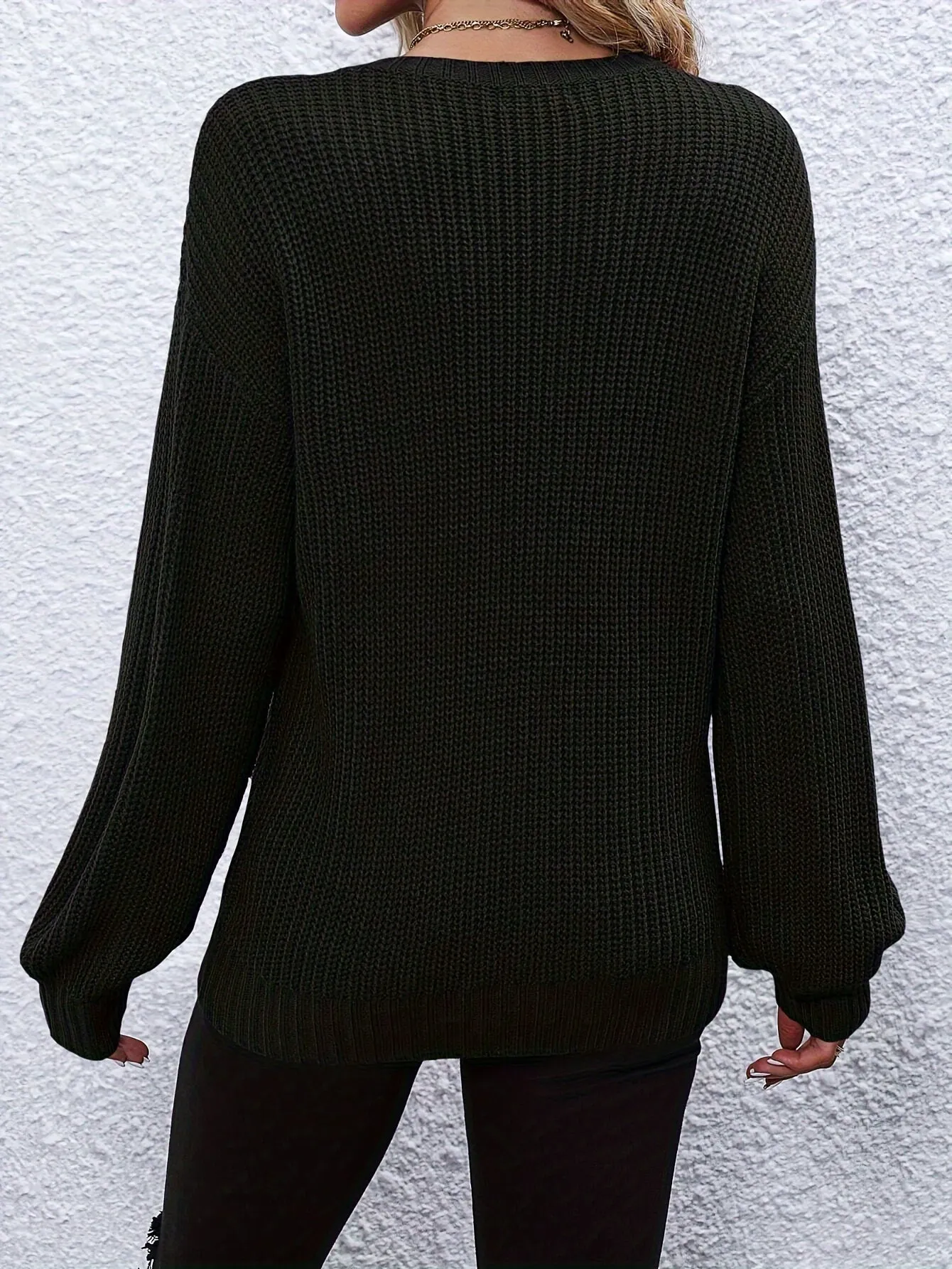Elegant Fall/Winter Knit Sweater for Women - Cozy Long Sleeve, Crew Neck with Chic Letter Tape Detail