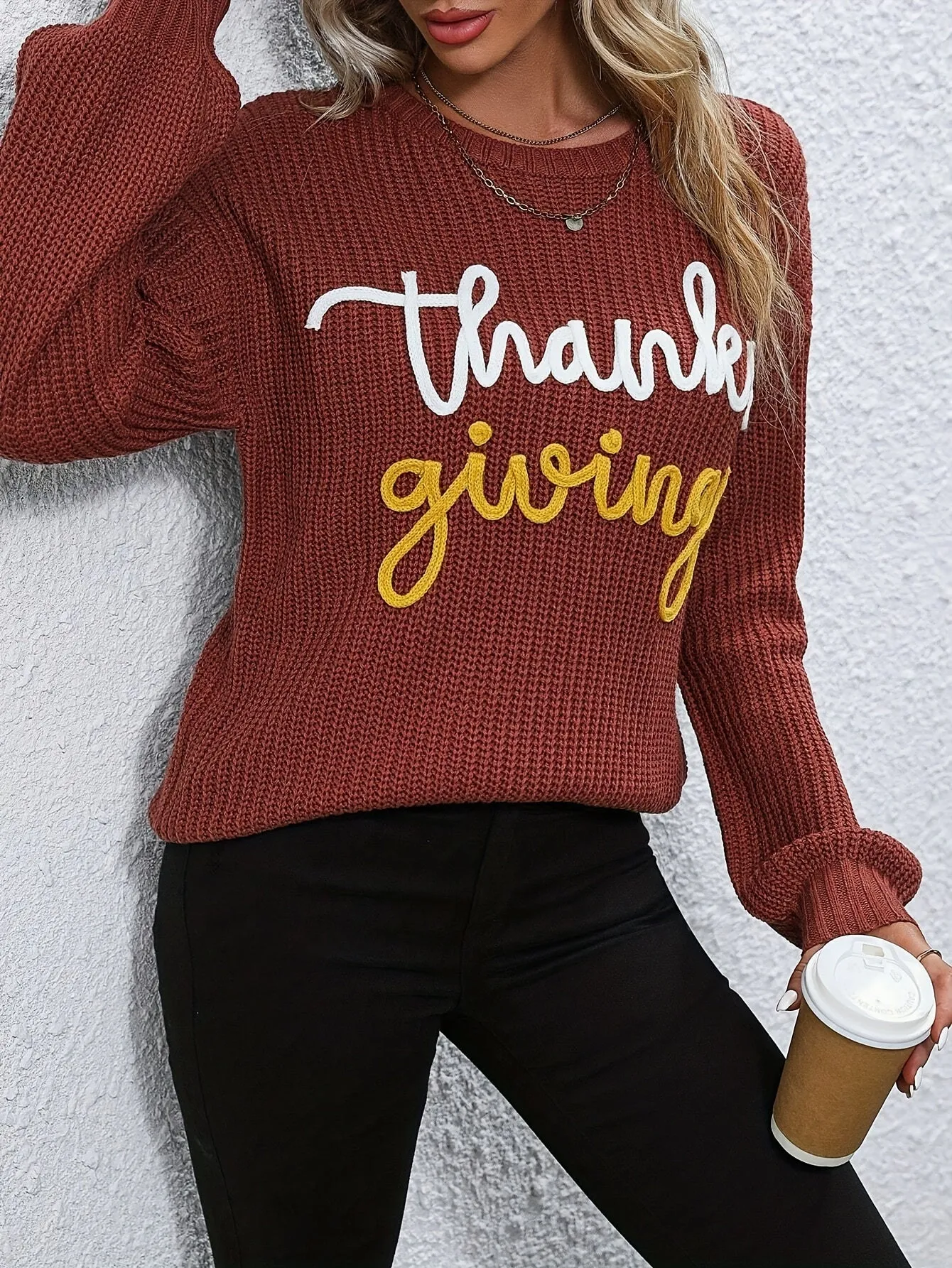 Elegant Fall/Winter Knit Sweater for Women - Cozy Long Sleeve, Crew Neck with Chic Letter Tape Detail