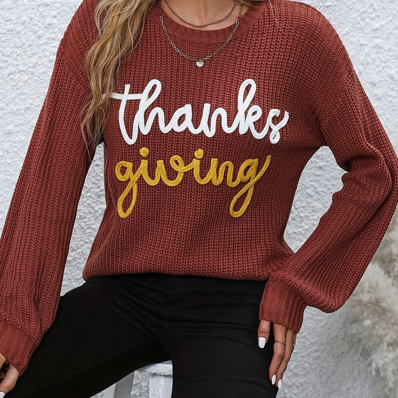 Elegant Fall/Winter Knit Sweater for Women - Cozy Long Sleeve, Crew Neck with Chic Letter Tape Detail