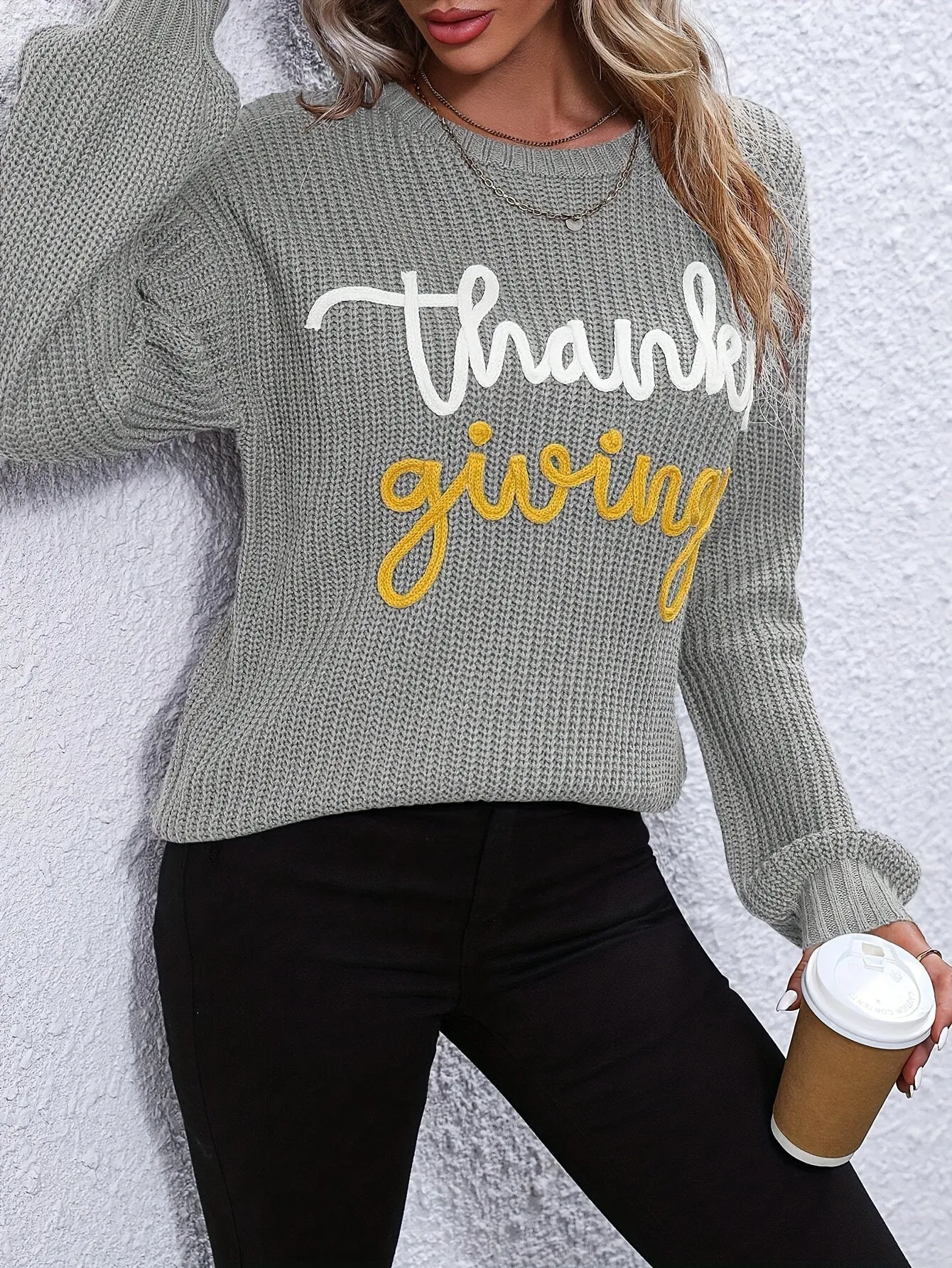 Elegant Fall/Winter Knit Sweater for Women - Cozy Long Sleeve, Crew Neck with Chic Letter Tape Detail