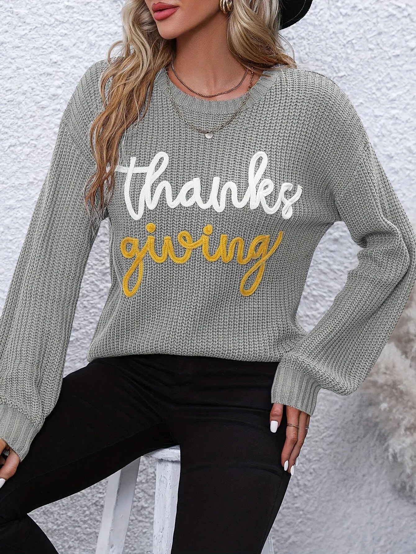 Elegant Fall/Winter Knit Sweater for Women - Cozy Long Sleeve, Crew Neck with Chic Letter Tape Detail