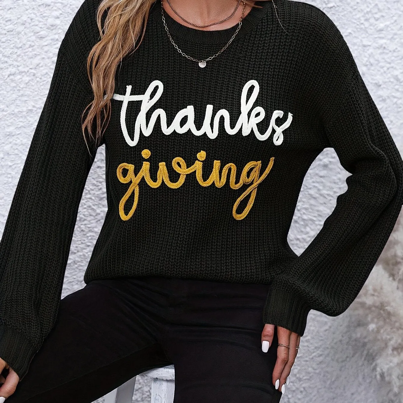 Elegant Fall/Winter Knit Sweater for Women - Cozy Long Sleeve, Crew Neck with Chic Letter Tape Detail