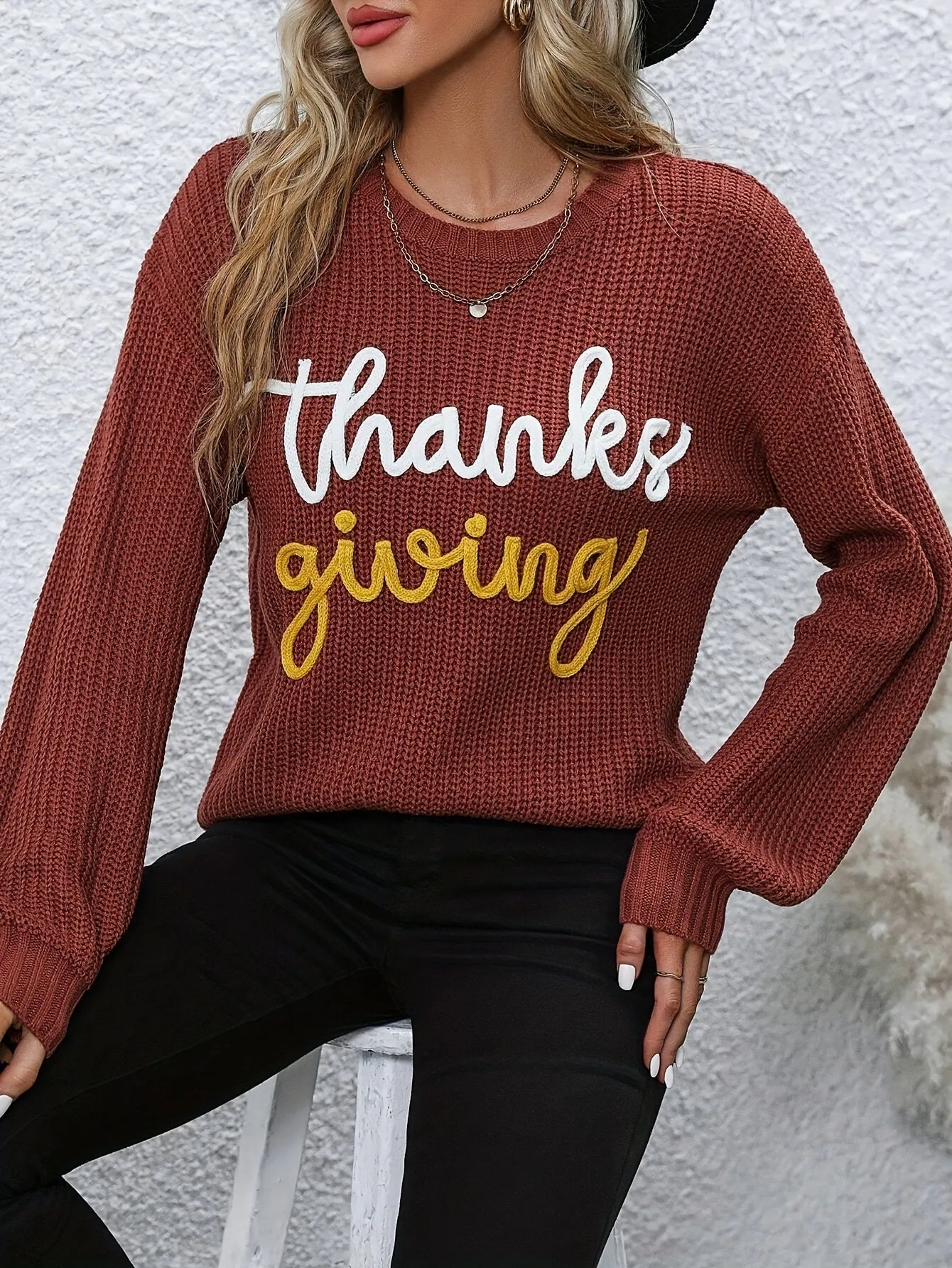 Elegant Fall/Winter Knit Sweater for Women - Cozy Long Sleeve, Crew Neck with Chic Letter Tape Detail