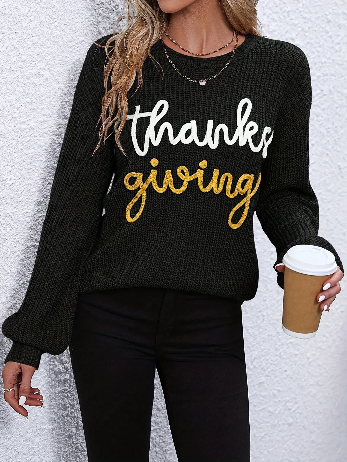 Elegant Fall/Winter Knit Sweater for Women - Cozy Long Sleeve, Crew Neck with Chic Letter Tape Detail