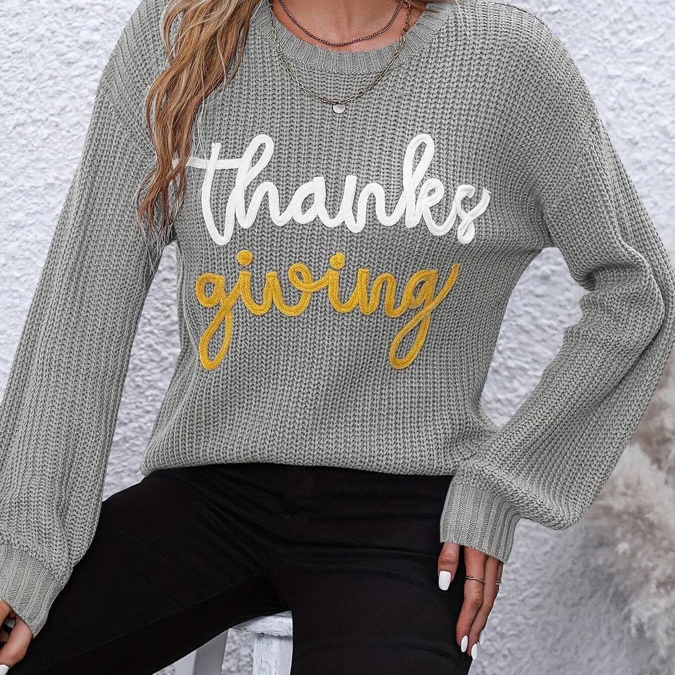 Elegant Fall/Winter Knit Sweater for Women - Cozy Long Sleeve, Crew Neck with Chic Letter Tape Detail