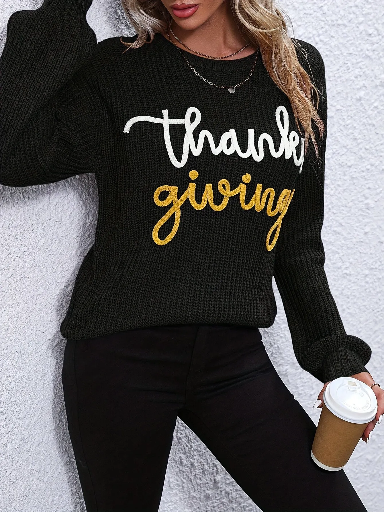 Elegant Fall/Winter Knit Sweater for Women - Cozy Long Sleeve, Crew Neck with Chic Letter Tape Detail