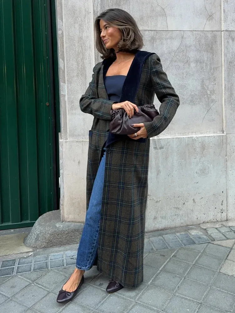 Fashionkova Fashion Extra Long Hoodied Thicken Plaid Overcoats Women Elegant Pockets Slim Fit Full Sleeve Jackets 2024 Lady High Streetwear