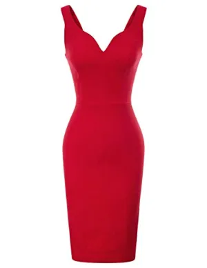 GRACE KARIN Women's Stretchy Pencil Dress Cocktail Party V Neck Business Dress Red S