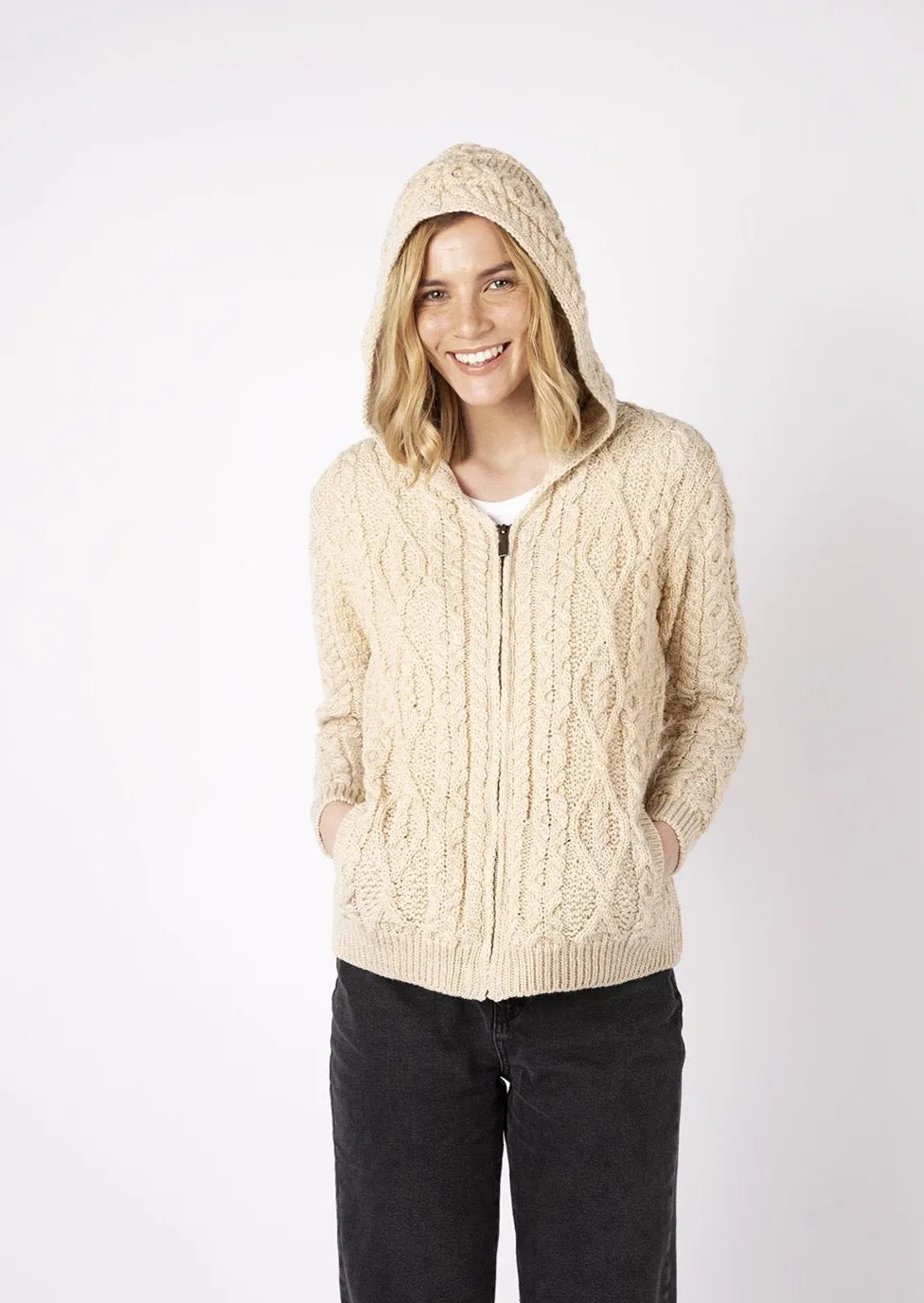 IrelandsEye Women's Aran Hooded Cardigan | Oatmeal