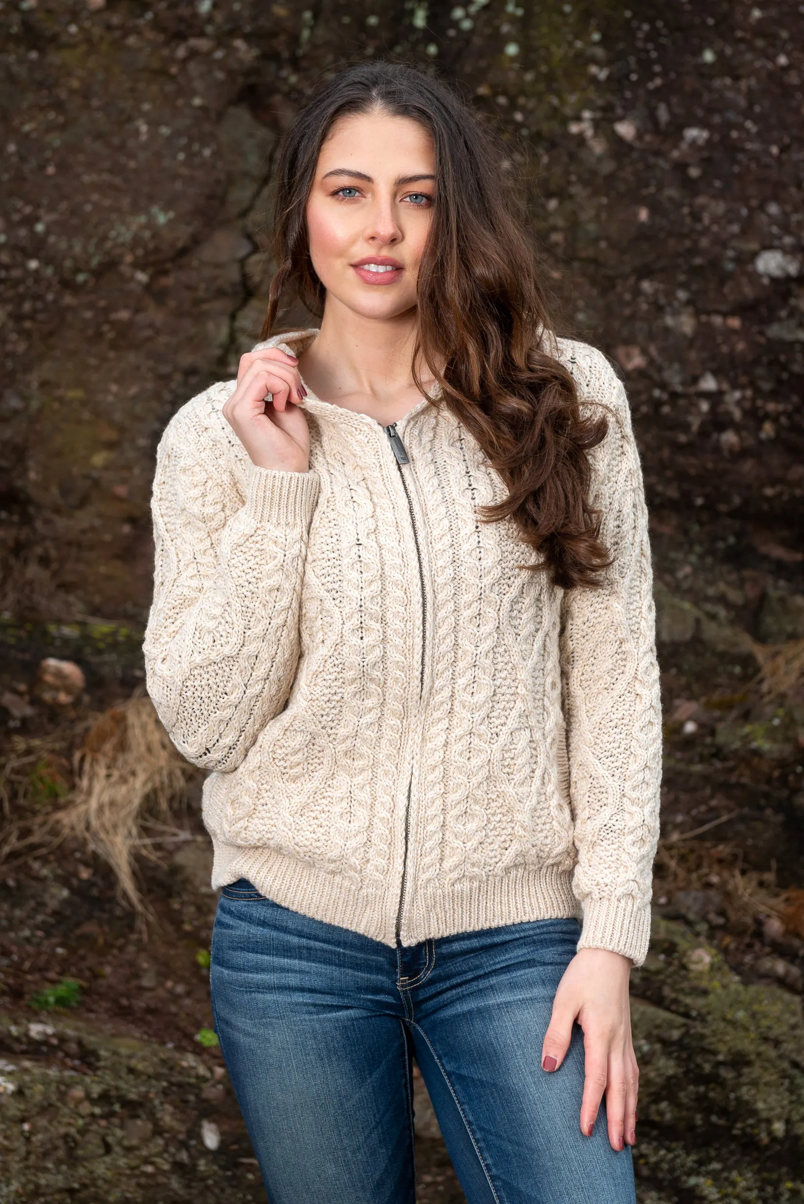 IrelandsEye Women's Aran Hooded Cardigan | Oatmeal