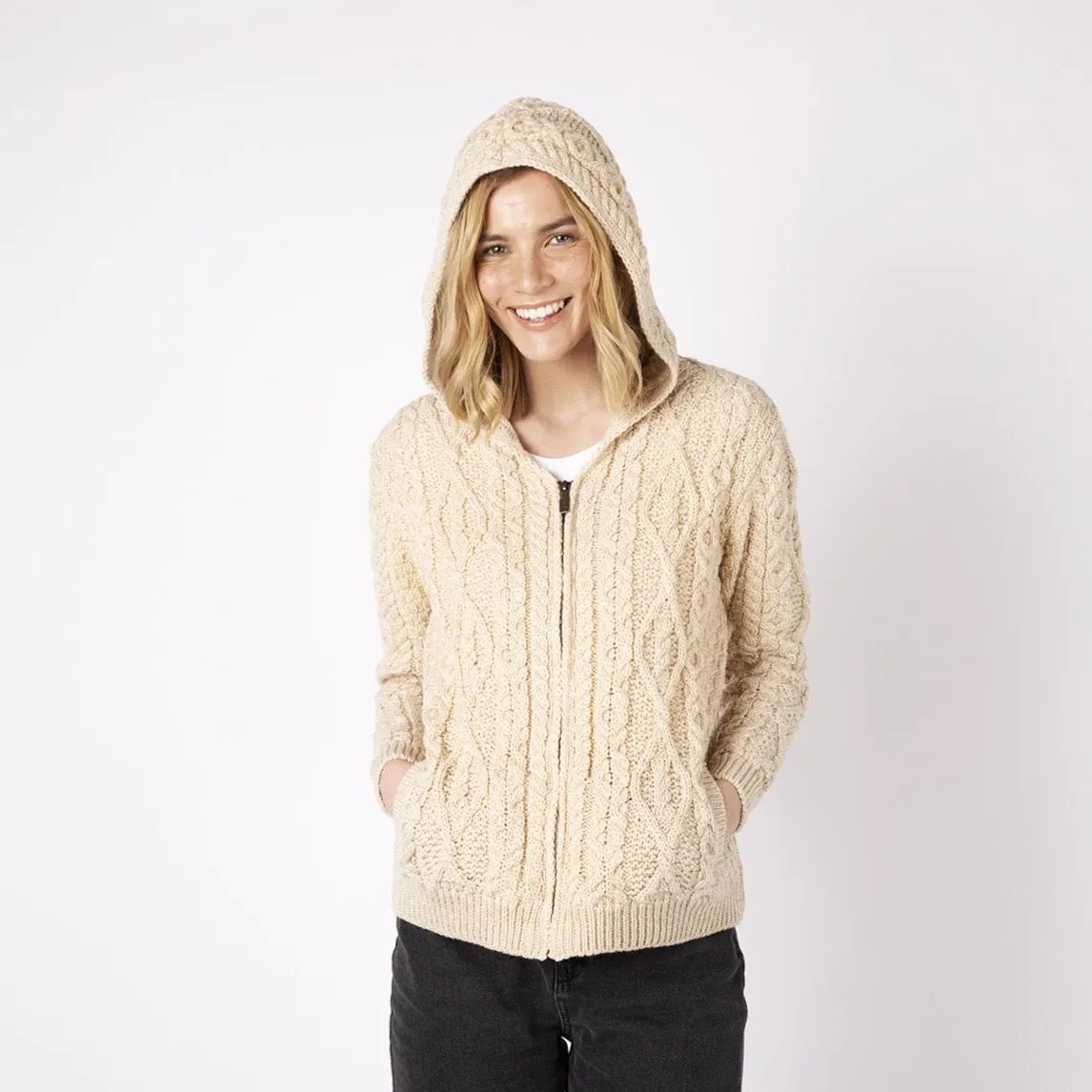 IrelandsEye Women's Aran Hooded Cardigan | Oatmeal