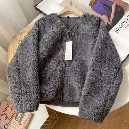 Lambswool Crop Jackets Women Warm V-neck Solid Outwear Autumn