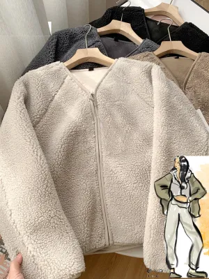 Lambswool Crop Jackets Women Warm V-neck Solid Outwear Autumn