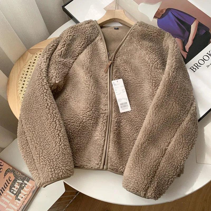 Lambswool Crop Jackets Women Warm V-neck Solid Outwear Autumn