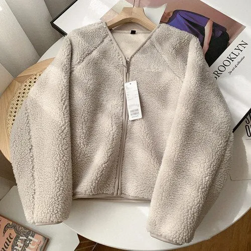Lambswool Crop Jackets Women Warm V-neck Solid Outwear Autumn