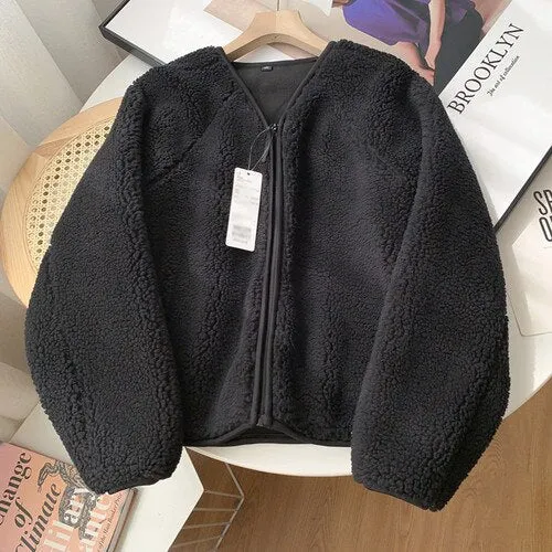 Lambswool Crop Jackets Women Warm V-neck Solid Outwear Autumn