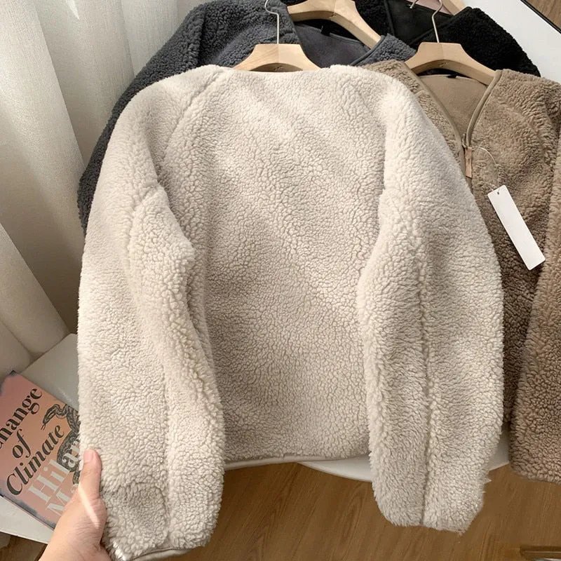 Lambswool Crop Jackets Women Warm V-neck Solid Outwear Autumn