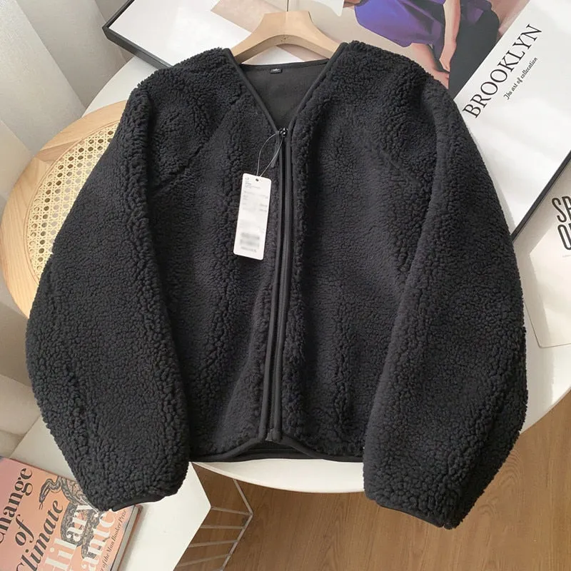 Lambswool Crop Jackets Women Warm V-neck Solid Outwear Autumn