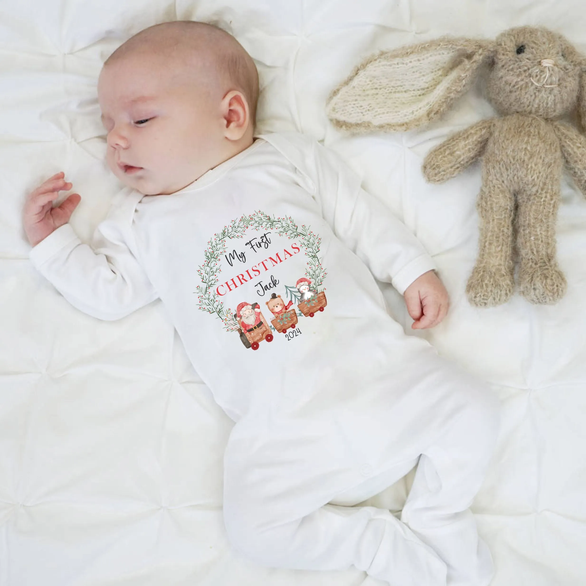 Personalised First Christmas Baby outfit- My First Christmas Sleepsuit or Vest - 1st Xmas Santa Train