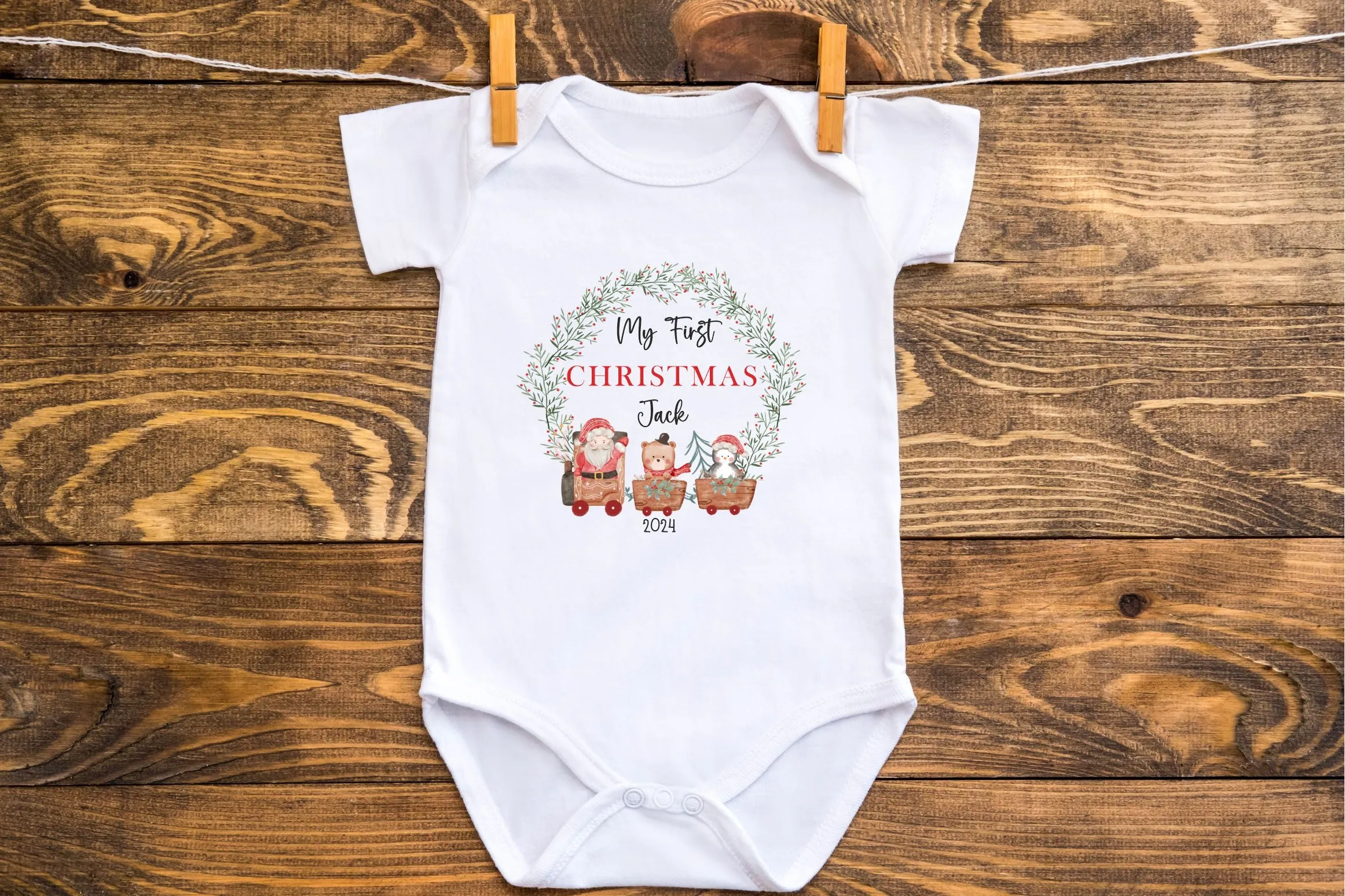 Personalised First Christmas Baby outfit- My First Christmas Sleepsuit or Vest - 1st Xmas Santa Train