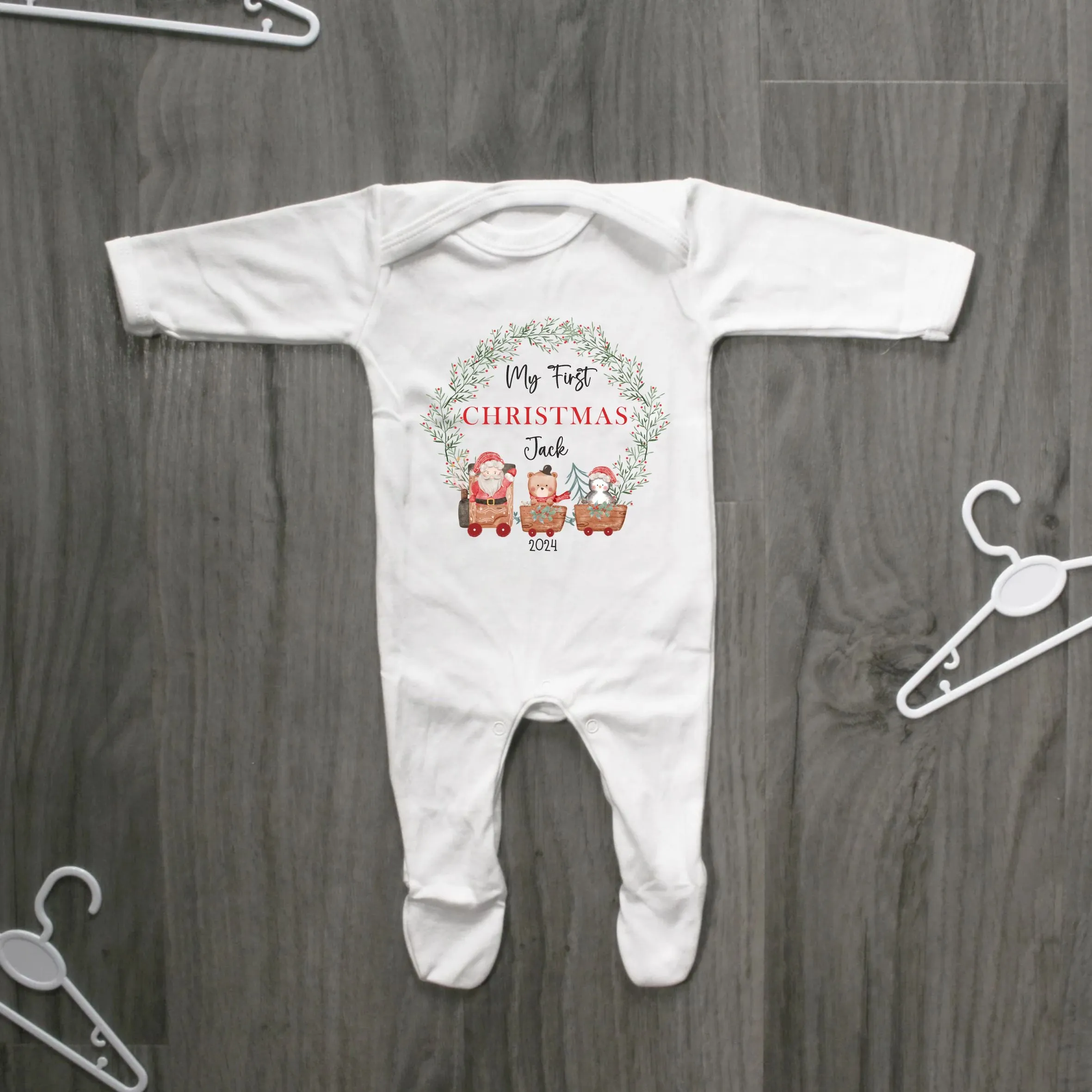 Personalised First Christmas Baby outfit- My First Christmas Sleepsuit or Vest - 1st Xmas Santa Train