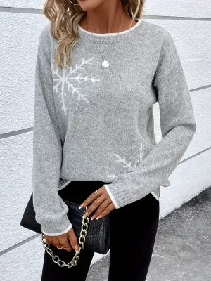 Plus Size Snowflake Pattern Crew Neck Knit Sweater - Soft, Cozy, and Stylish Long Sleeve Top with Contrast Trim for Fall and Winter - Women's Casual Plus Size Clothing for Cold Weather